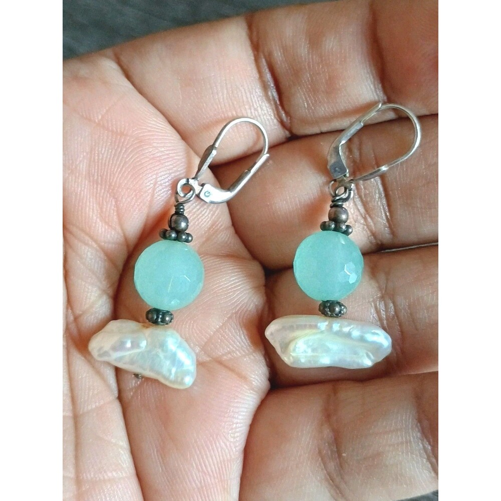 Baroque Pearl Aqua Tone Glass Sterling Silver Vintage Earrings Tested